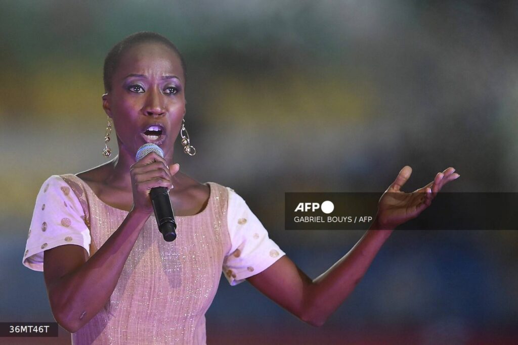  Malian singer Rokia Traore performs during the closing ceremony of the 2017 Africa Cup of Nations football tournament at the Stade de l'Amitie Sino-Gabonaise in Libreville on February 5, 2017. AFP