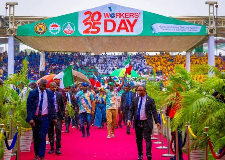 Lagos State Governor Babajide Sanwo-Olu at the Mobolaji Johnson Arena, Onikan, for workers day celebratory parade.