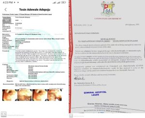 Adewale Hospital document explaining his health status
