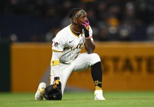 PITTSBURGH, PENNSYLVANIA - APRIL 30: Andrew McCutchen #22 of the Pittsburgh Pirates looks on after a fan fell from the stands during the seventh inning against the Chicago Cubs at PNC Park on April 30, 2025 in Pittsburgh, Pennsylvania.