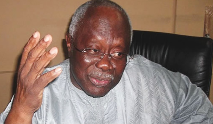 PDP BoT member Bode George speaking publicly, criticising the Federal High Court ruling that halted the party’s national convention in Ibadan