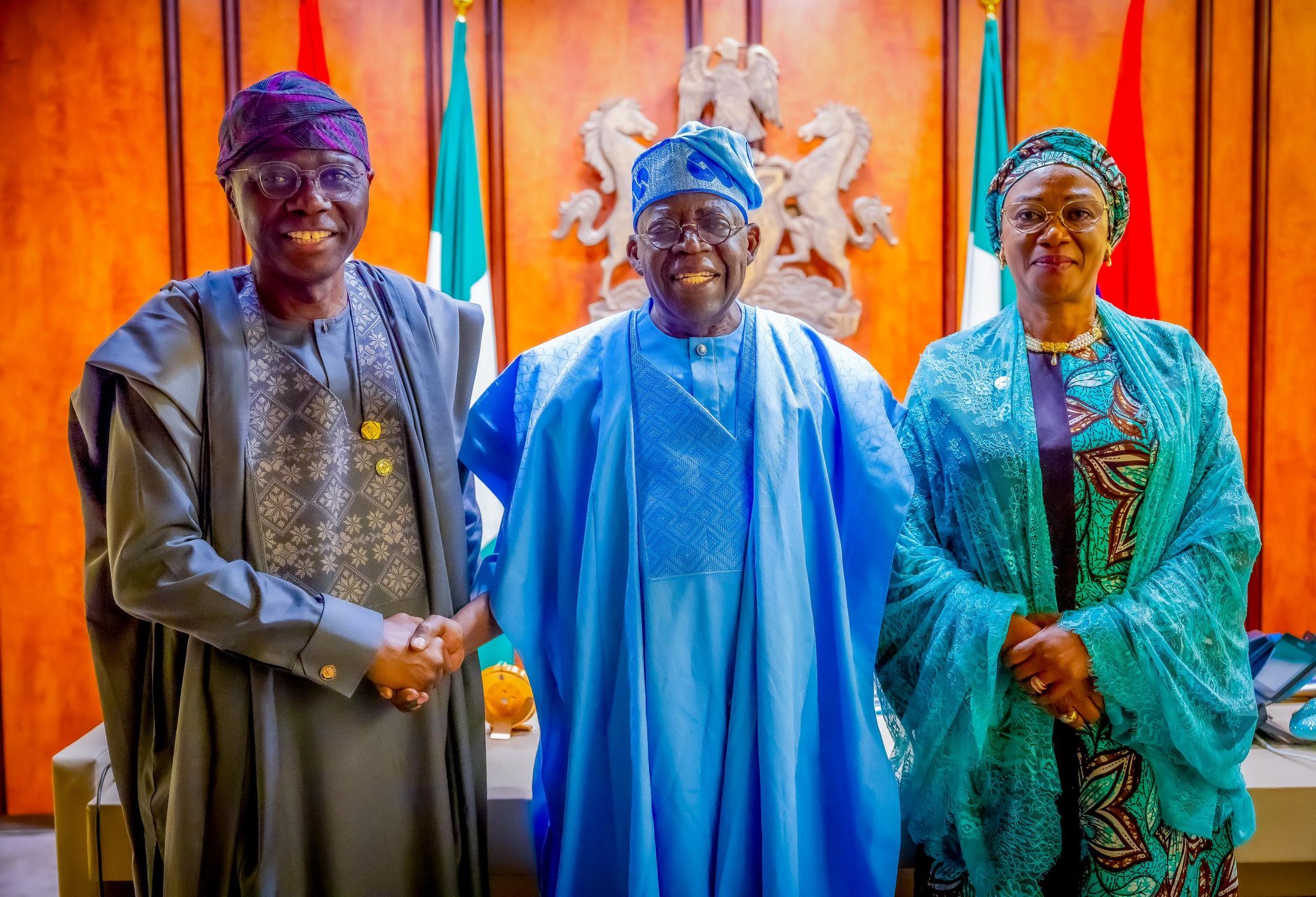 Governor Babajide Sanwo-Olu with President Bola Tinubu and First Lady Oluremi Tinubu at the Presidential Villa during a courtesy visit in Abuja.
