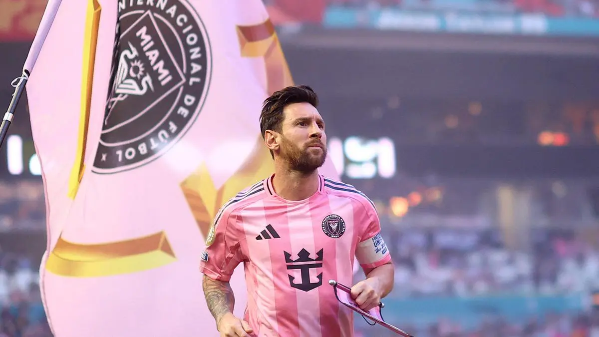Lionel Messi in Inter Miami kit reacting after Club World Cup defeat to PSG.