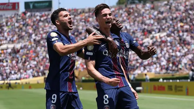 PSG thrash Atlético Madrid 4-0 in Club World Cup opener with goals from Ruiz, Vitinha, Mayulu & Lee. Dominant start for European champions in Pasadena.