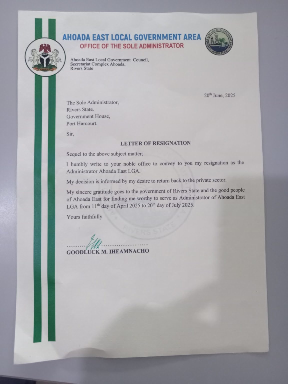 Goodluck Ihemnacho resignation letter