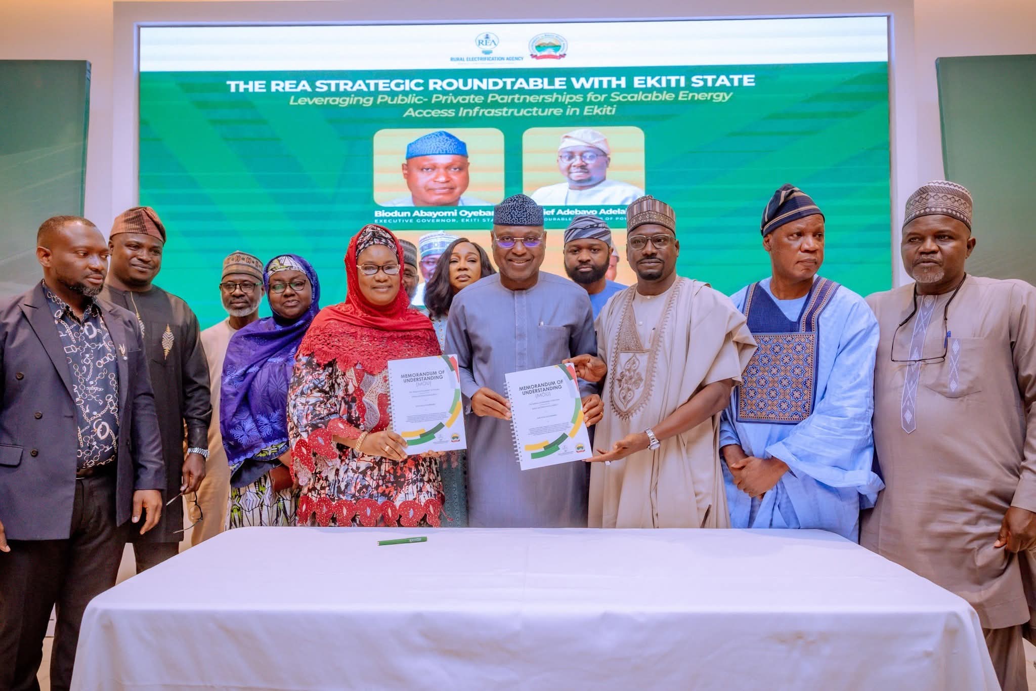 Ekiti State Governor Biodun Oyebanji signing a Memorandum of Understanding (MoU) with the Rural Electrification Agency (REA) for the implementation of off-grid power projects.
