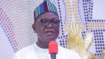Samuel Ortom speaks during a TV interview on party politics and coalition movements.