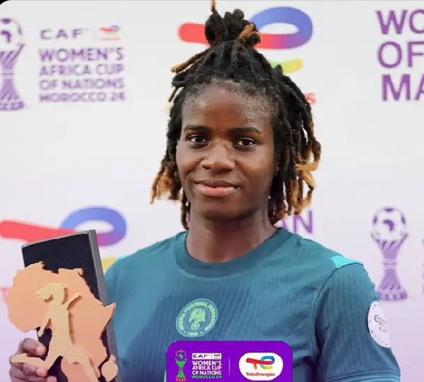Esther Okoronkwo wins Player of the Match after assisting Ihezuo and nearly scoring in Super Falcons’ 3-0 WAFCON win over Tunisia.