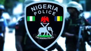 Nigerian police officers conducting a vehicle stop during a road enforcement exercise.