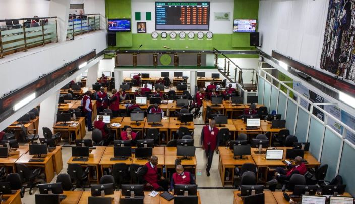Nigerian Exchange Limited trading floor showing bullish market activity with stock prices rising.