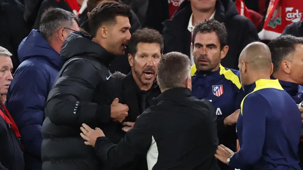 UEFA bans Diego Simeone for one game after Anfield clash with Liverpool fans; Atletico boss to miss Frankfurt tie. Liverpool fined €4,000 for crowd trouble.