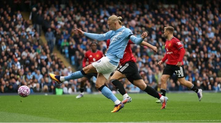 Erling Haaland in action against Manchester United