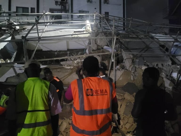 Two lifeless bodies were reportedly retrieved from beneath the rubble on Sunday after eight workers were rescued following the collapse of a three-storey building in Yaba