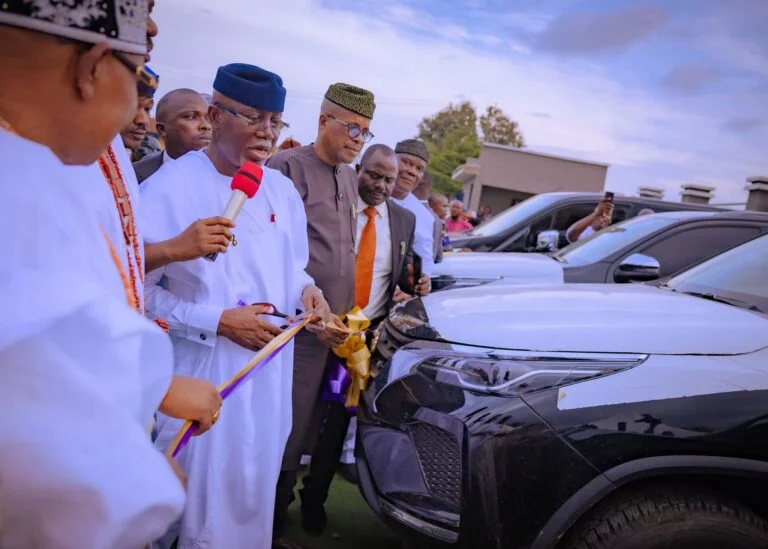 Governor Lucky Aiyedatiwa presenting a new Toyota SUV to a traditional ruler during a ceremony in Akure, Ondo State.