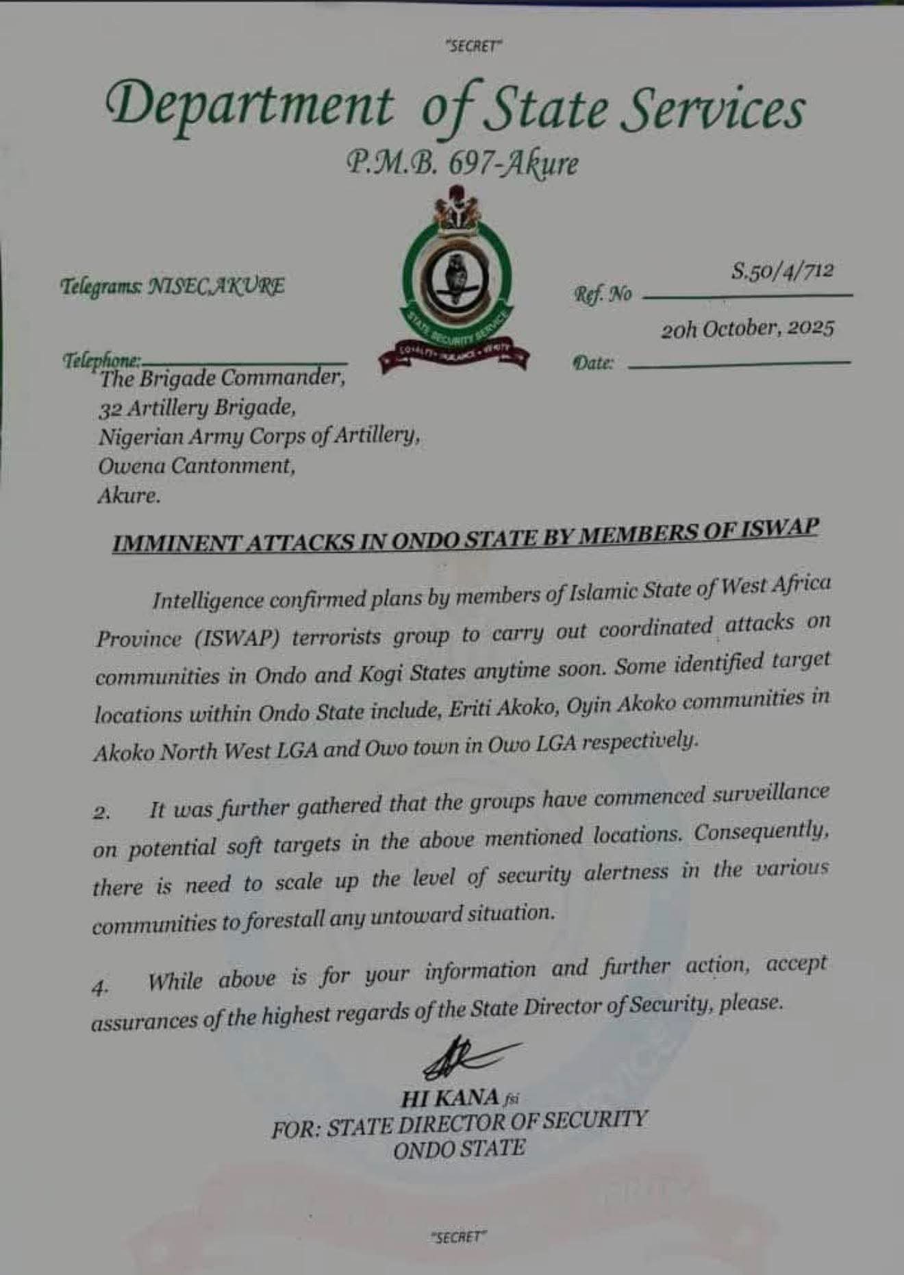 SSS letter on planned ISWAP attack in Ondo and Kogi States 