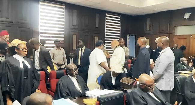 IPOB leader Nnamdi Kanu appears before the Federal High Court in Abuja as his defence lawyers withdraw, with the court adjourning the trial to 24 October.