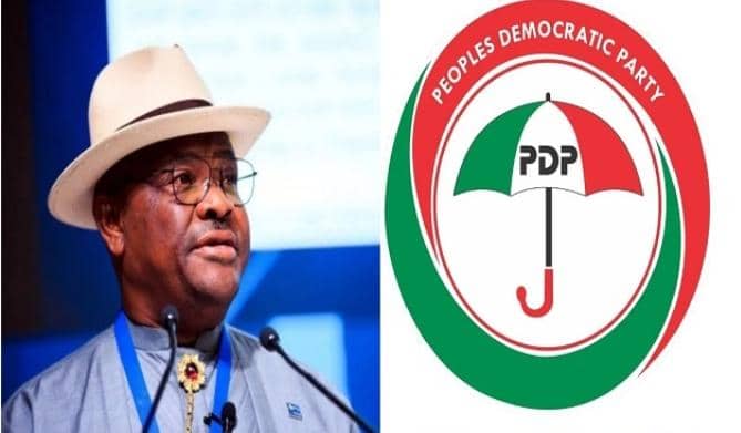 PDP leaders aligned with Nyesom Wike at a meeting in Abuja announcing the dissolution of state party executives.