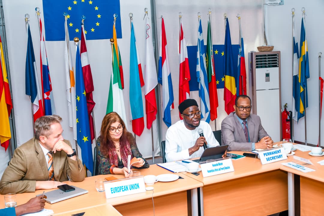 Sitting from right: Permanent Secretary, Mr. Olubunmi Olusanya, Honourable Minister of Humanitarian Affairs and Poverty Reduction, Dr. Bernard M. Doro, EU Head of Section, Human Development, Leila Ben Amor Mathieu and Head of Office - Nigerian, Directorate General for European Civil Protection & Humanitarian Aids Operations (ECHO), Alexandre CASTELLANO at the EU Embassy, Abuja.