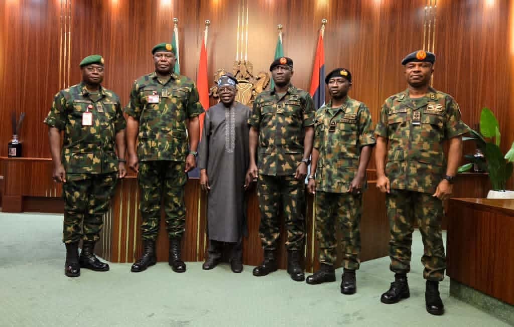President Bola Tinubu meeting Nigeria’s Service Chiefs at the Presidential Villa in Abuja.