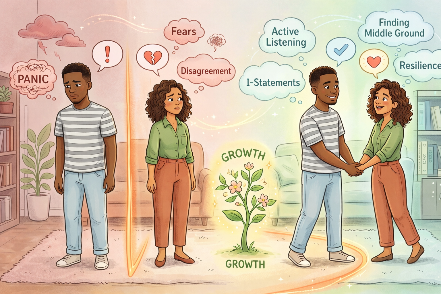 couple moving from panic to peace, illustrating how healthy relationship conflict fosters maturity and deeper connection through active listening.