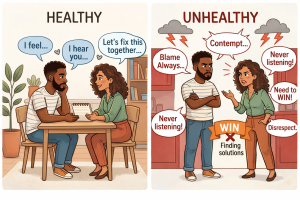 A split-panel cartoon comparing healthy relationship conflict to unhealthy patterns; the left side shows a diverse couple calmly practicing active listening at a table, while the right side shows a defensive argument centered on blame and the need to win.