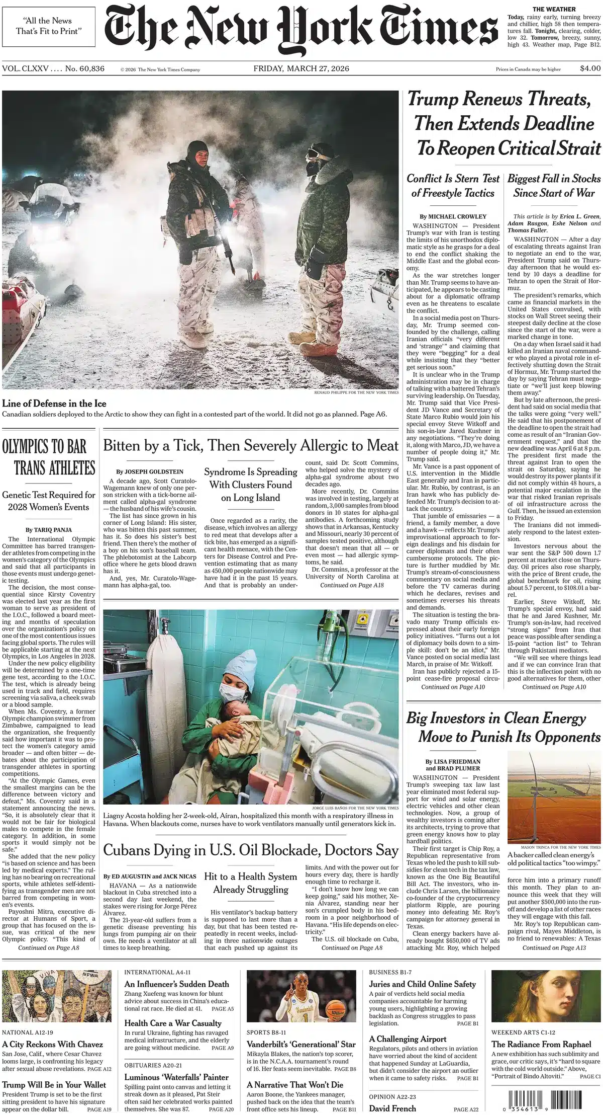 Front pages of Newspapers around World — 27 March 2026